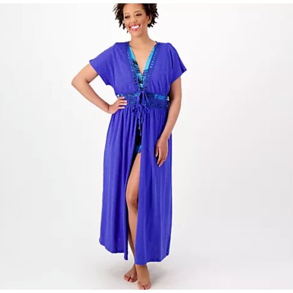 Belle Beach by Kim Gravel Cover Up ~ sz M L Slub Knit Tie Front Blue A499680 - Picture 1 of 6